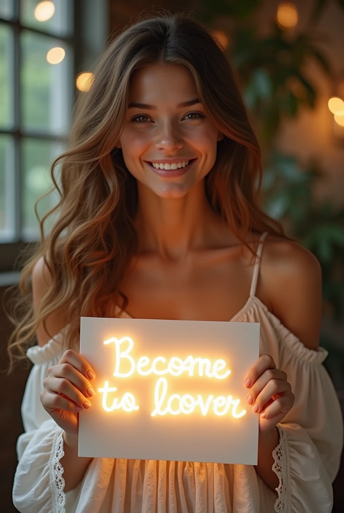 Beautiful girl with heart-warming smile and wavy long hair, bohemian dress, holding a white board with text "learn English Through Story" and showing it to the viewer, the board is glowing with a the text.