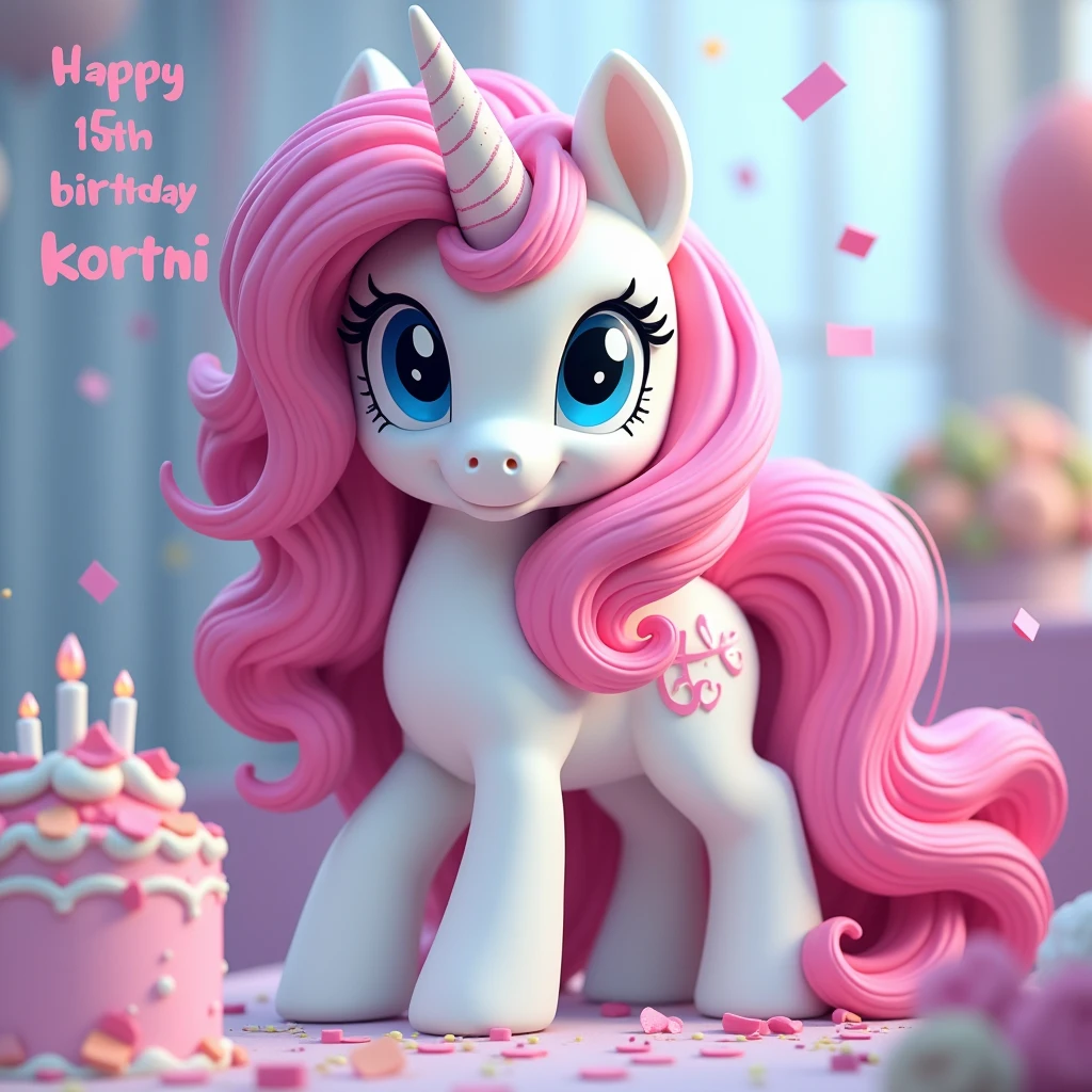 (My little pony), earth pony, white body, wavy long pink hair, blue eyes, 15th birthday wishes, ((text "Happy 15th birthday Kortni")), birthday cake, confetti, detailed face, very big dick, very lot of cum in mouth:1.6, thong down, big breasts, (cum on all body)