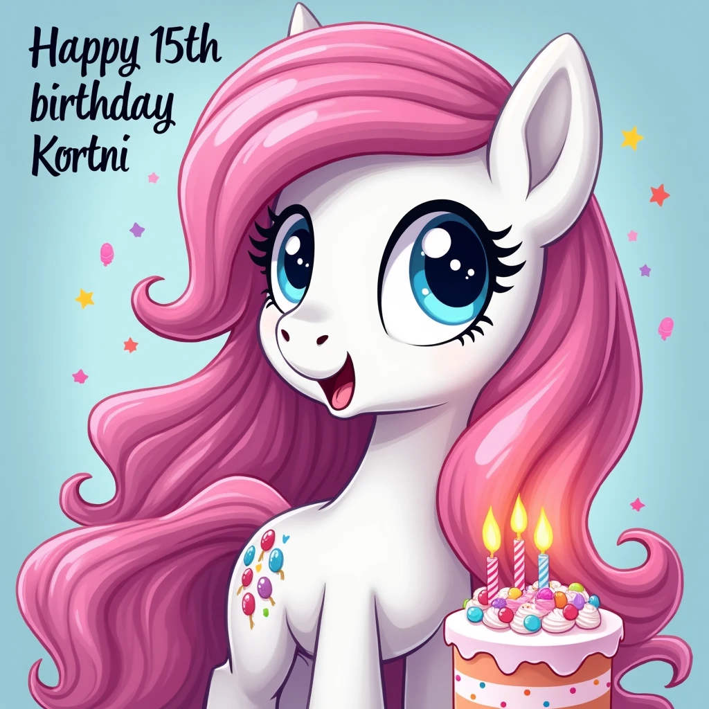 (My little pony), earth pony, white body, wavy long pink hair, blue eyes, 15th birthday wishes, ((text "Happy 15th birthday Kortni")), birthday cake, confetti, detailed face, very big dick, very lot of cum in mouth:1.6, thong down, big breasts, (cum on all body)