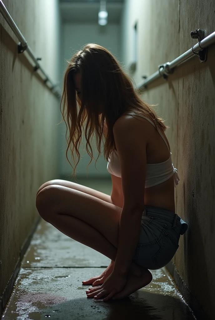 (A ) (peeing urgently) (Realistic) (peeing in a corner of an alleyway) (squatting down) (with her pants pulled down) (pee stains) ( peeing dripping)