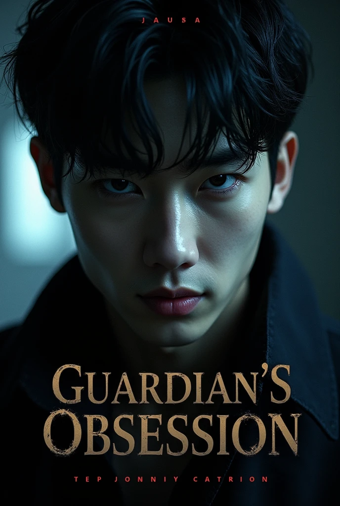 Create a book cover with the picture of BTS Kim Taehyung with the title name "Guardian's Obsession" make it realistic and intimidating and with extra details