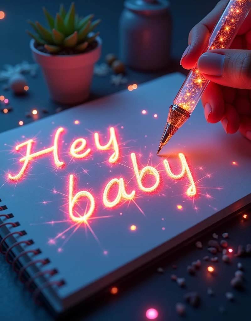 A mesmerizing, hyper-realistic 16K 3D illustration captures a magical moment of pure creativity. A talented artist is masterfully sketching a heartfelt message, "Hey baby ", in a notebook. The text is composed of vibrant, color sepia stars that smoothly transition through the entire spectrum. The artist's hand, holding a transparent pen filled with radiant stars, is detailed exquisitely, symbolizing boundless creativity and imagination. The background is a three-dimensional sketchbook setting with scattered throughout, adding depth and dimension to this captivating, graffiti-inspired scene. The illustration radiates energy, movement, and vibrant colors, making it a true work of art that celebrates creativity and imagination., gra, cinematic, vibrant, graffiti, painting, typography, product, illustration, photo, 3d render, fashion, dark fantasy