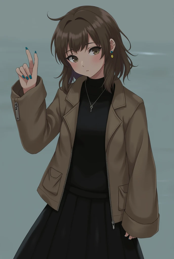 Rolua,, , 1 girl, He drowned, hits, black Skirt, black sweater, blue nails, blurred, blurred background, old, Brown eyes, Brown hair, brown jacket, Closed mouth, dated, day, depth of field, earrings, eyelashes, hand up, nod, jacket, jewelry, by the wide, long sleeves, looking at the viewer, medium old, nail polish, open clothing, open jacket, outdoor, pursed lips, inside shirt, side locks, Skirt, sleeves beyond the wrists, Alone, sweater, Upper part of the body, zipper, , , ((masterpiece)), , 