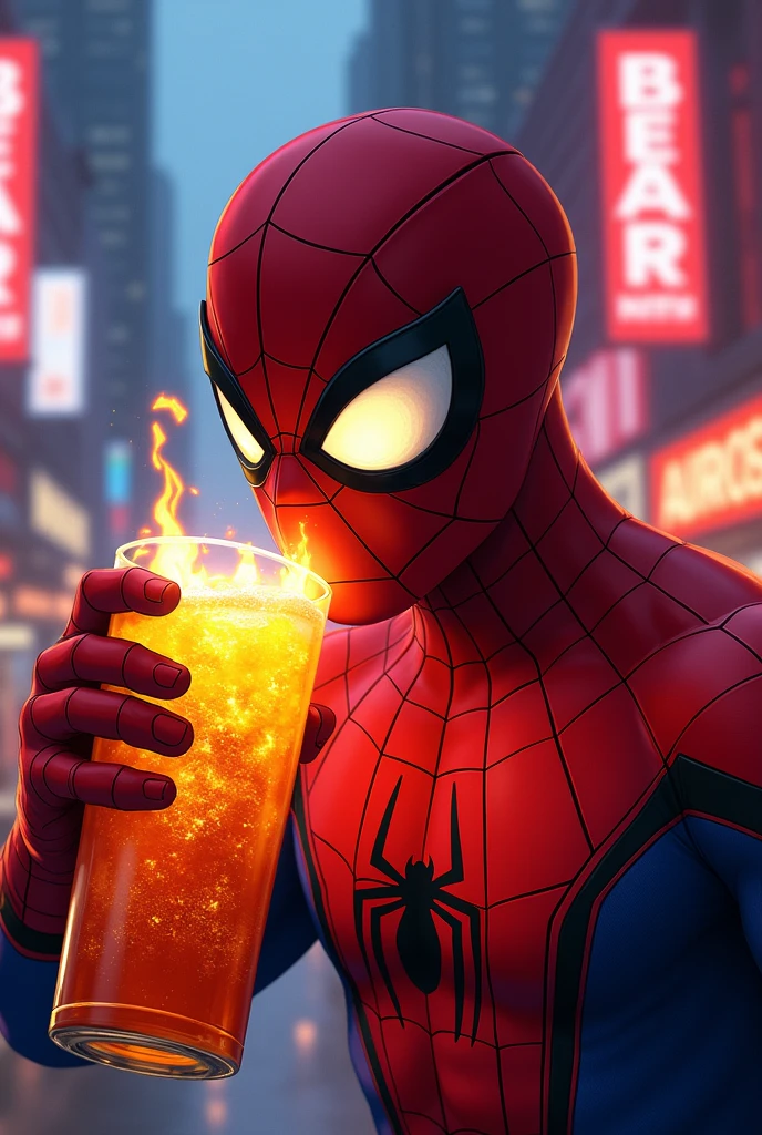 Spider man drinking a bear called fire wara