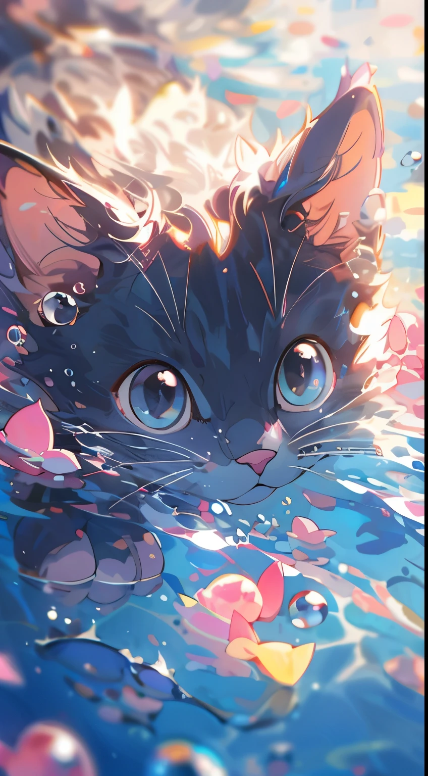 A cute striped kitten，Pink Paws，Pink Nose，Petals fall into the water，solo，Close-up of face，Portraiture，，leaf，unmanned，Underwater，水bubble，bubble，Higher detail，colorful，Lovely smile，best quality，8K，High Saturation，Dynamic Angle,(Fantasy style:1.2),(high quality:1.3),(best quality:1.3),(masterpiece:1.3),Official Art,Official Wallpapers,4K Textures,(epic:1.2),(Mysterious atmosphere:1.2),Moonshine settings,midnight sky,(twilight:1.2),subtle sparkle,Whimsical vibe,(detailed:1.05),(extremely detailed:1.06),Clear focus,(complex:1.03),(extremely complex:1.04),Low contrast,Soft movie lighting,Soothing tones,HDR,(Beautiful scenery:1.08),(detailed scenery:1.08),(complex scenery:1.07),(:1.05),(Pretty Face:1.1),[Perfect eyes:0.8]