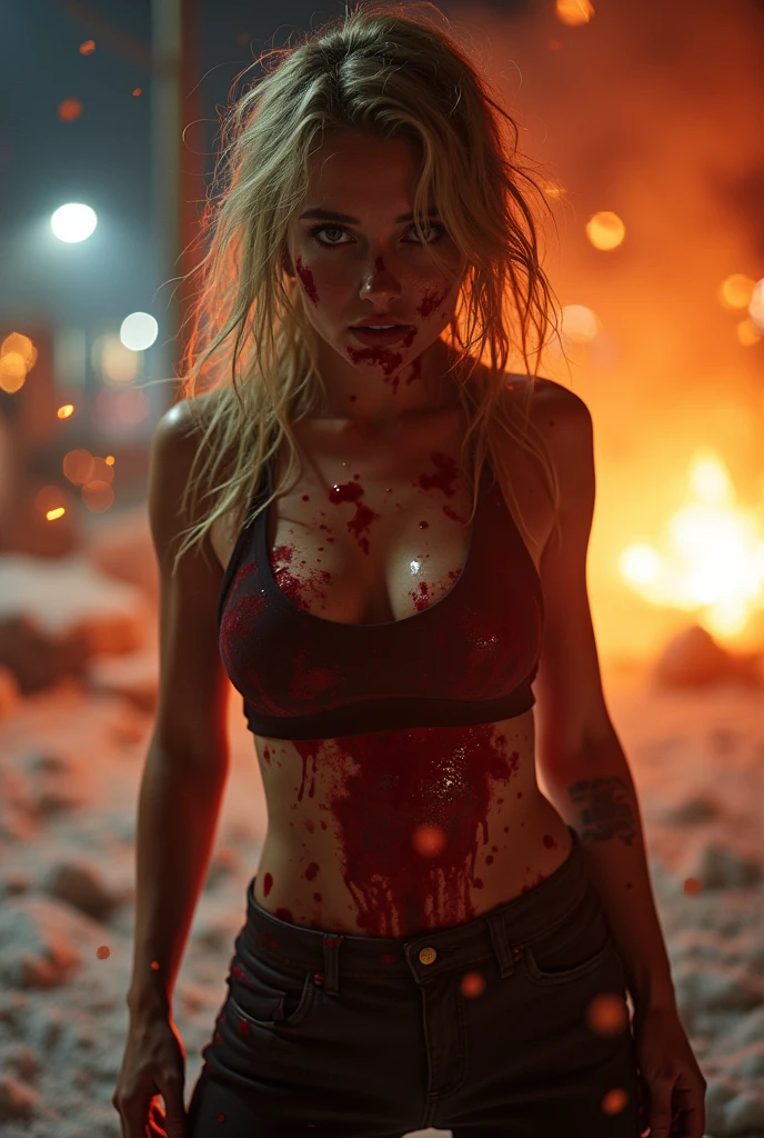 Donald Trump is an action hero, massive explosions, fire all around, Trump is rescuing the damsel