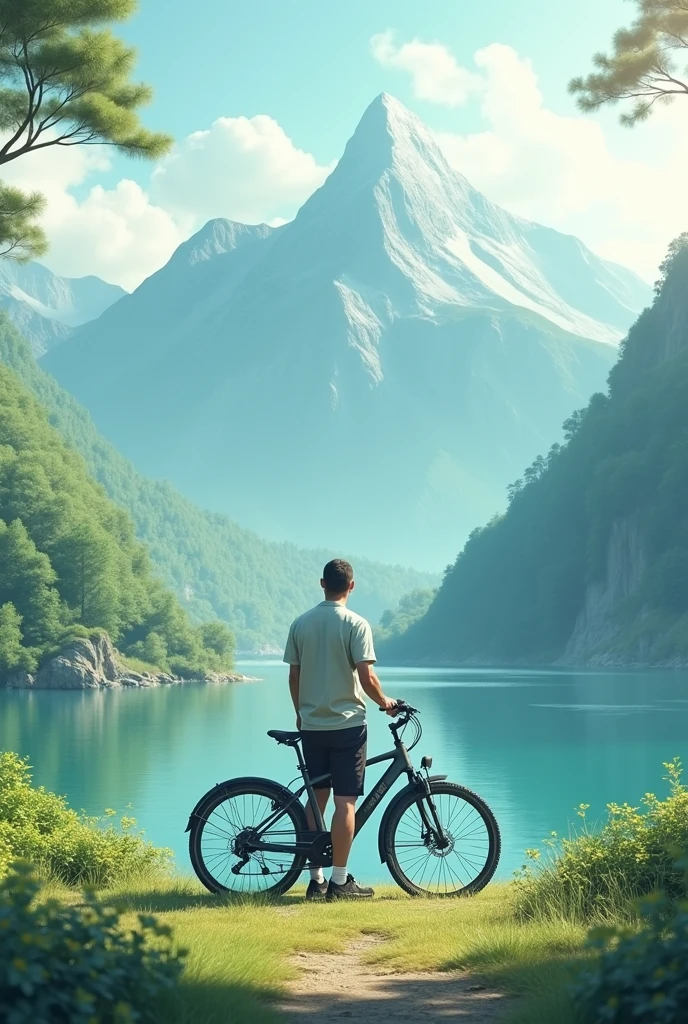 A man standing with his bike in front of a beautiful green mountain and beside a lake