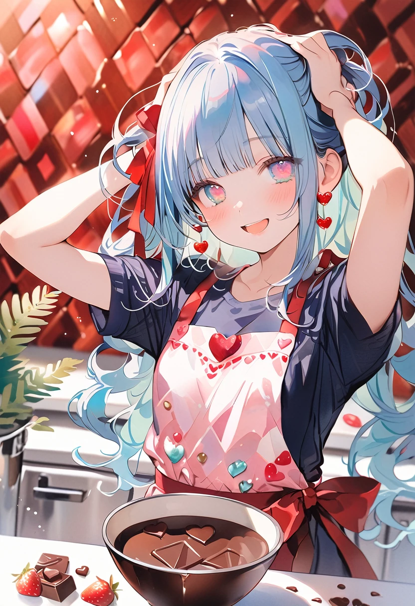 masterpiece, best quality, extremely detailed, (illustration, official art:1.1), 1 girl ,(((( light blue long hair)))), ,(((( light blue long hair)))),light blue hair, , long hair ((blush)) , cute face, big eyes, masterpiece, best quality,(((((a very delicate and beautiful girl))))),Amazing,beautiful detailed eyes,blunt bangs((((little delicate girl)))),tareme(true beautiful:1.2), sense of depth,dynamic angle,,,, affectionate smile, (true beautiful:1.2),,(tiny 1girl model:1.2),)(flat chest), (Pastel colors: 1.3), (Cute illustration: 1.3), (Watercolor: 1.1), With background, One girl, Open mouth and smiling, Beautifully detailed, Hazy, Colorful, Marble, Light particles, Pattern, (Cute background: 1.3), (Very detailed fine touches: 1.3), ///, Short hair, (Full body: 1.3), Transparent watercolor, Girl, Jewel eyes, Beautiful arrangement and motif, Depth of the border is written, Anime art, 8K, Details, Valentine, Lots of chocolate, Stylish decoration illustration, Limited palette, Chocolate around the illustration, Handmade chocolate, Red ribbon, , Tying hair with red ribbon, Apron, Brown and red image, Love, Red eyes, Chocolate on face, Holding spatula, Holding bowl, Making chocolate, Valentine's chocolate, Red heart, Heart, Glitter, Love, Love, Kitchen, Upper body, Full body, Cute apron, Chocolate on strawberry,stunning flowers, juicy berries, lush ferns, vibrant leaves, serene watercolor pattern