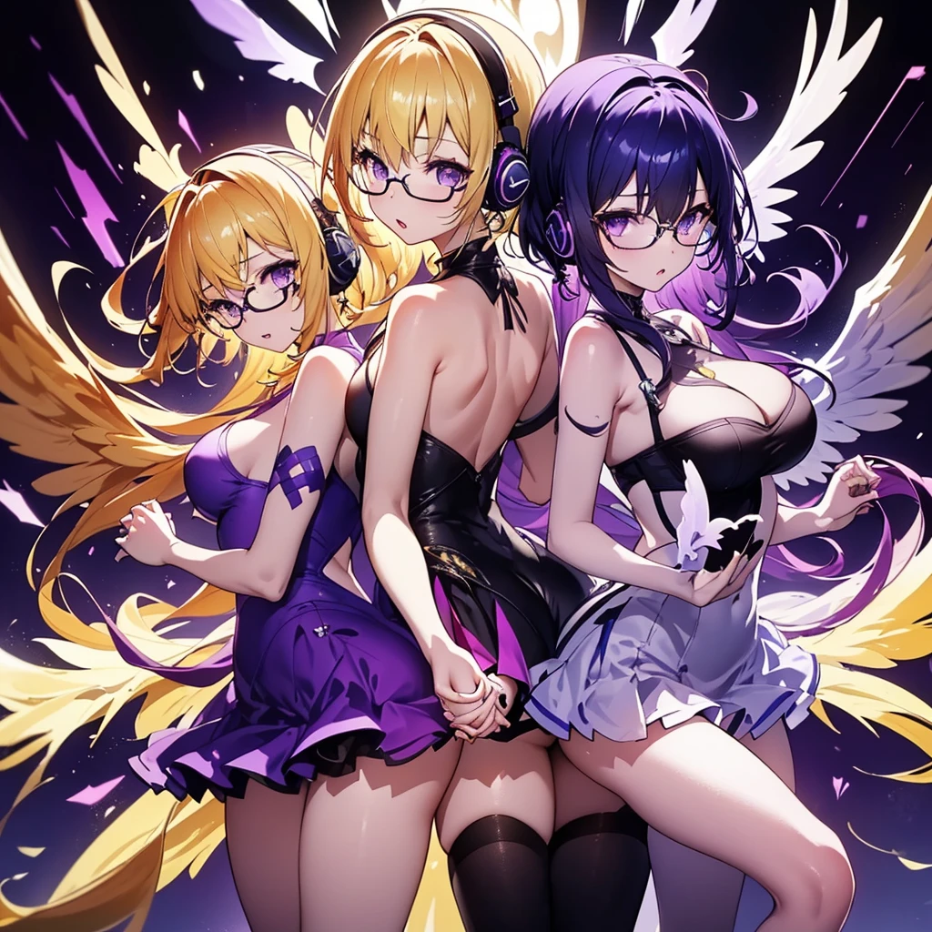 ((Highest quality)), (detailed), Holding hands and pointing back to back, a girl with dark blue hair, short hair, long bangs, large breasts, purple eyes, black round-rimmed glasses, and white headphones, and a girl with average-sized small breasts, long blonde hair, purple eyes, and a long side ponytail with large wings, a flame, and a girl without glasses、Idol、Holding hands and standing back to back.0、Yellow and purple light cube background 1.7、Idol衣装1.6