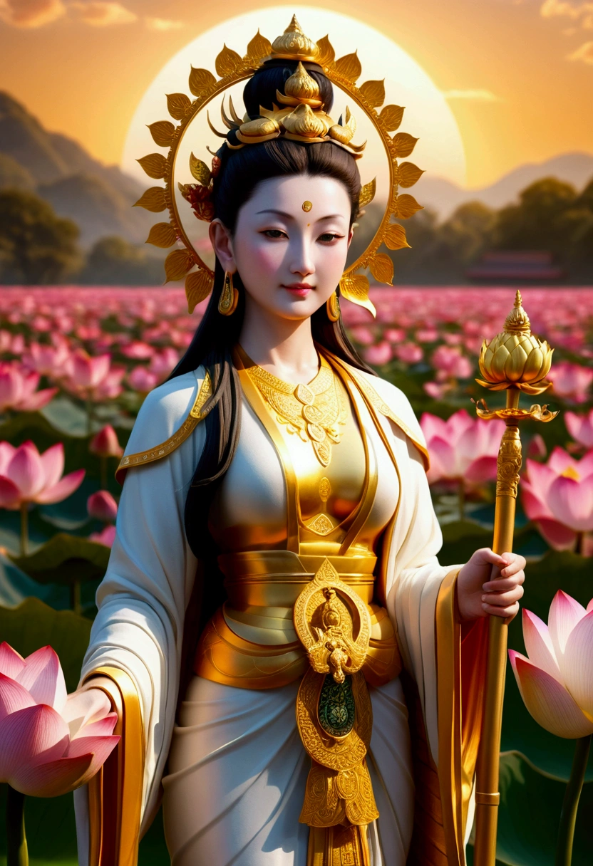 "In a detailed 8K RAW photo,Unrivalled quality, 捕捉Bodhisattva (Bodhisattva), Show compassion, On the front, Human-like form. Emphasizes her direct gaze on the viewer, Delivering warmth with a calm smile, And highlight her holding a staff (Monk's Staff) In her right hand. Wearing a costume that symbolizes her role as a mediator between the divine and human worlds, Golden Hour,She stood in front of a vibrant lotus field, Each flower symbolizes purity and enlightenment. This surrealist masterpiece, A strong atmosphere of peace, Provokes deep reflection and connection."wearing headphones