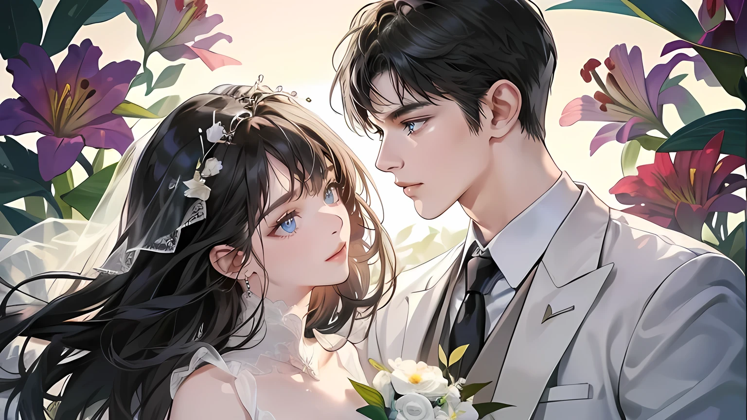igital illustration, 4K, 8K, very detailed, beautiful image, clear image, perfect face, perfect line, perfect eyes, soft lighting)husband and wife, 1 man, 1 woman, bright smile, Woman with long dark black bangs and purple eyes)), Man with short black hair and dark gray eyes, woman wearing wedding dress,bouquet of lilies in hand, man in tuxedo, Beach, sunlight,얼굴이 맑고 정확하다,얼굴의 디테일,지나치게 섬세한,