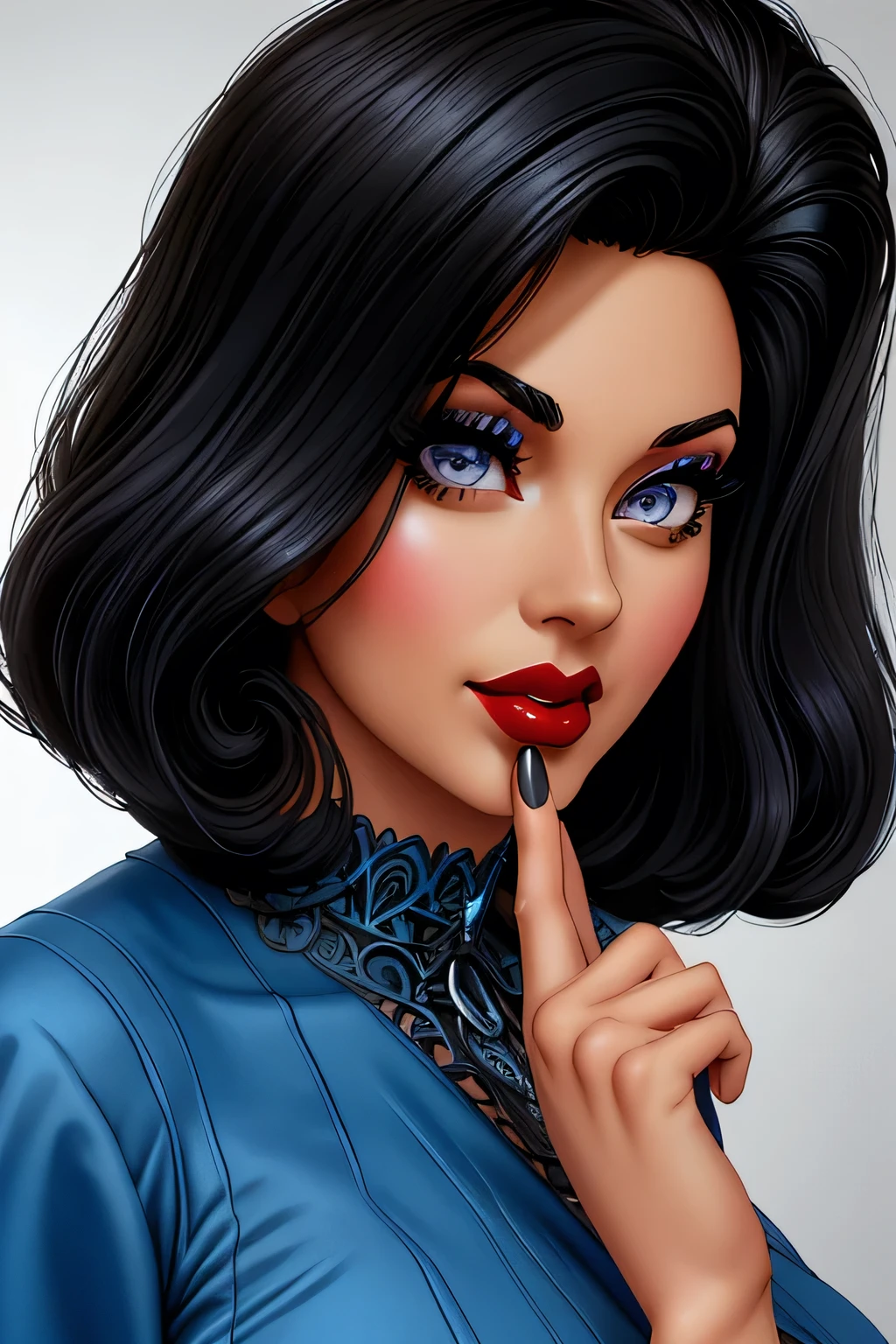 professional portrait, (big bouffant dark brunette 60's short bob hair:1.5), retro-girl(blue dress, mini dress, summer attire:1.4), denisebimbostyle, thick eyebrows, puffy lips, red lipstick, blush, heavy makeup, smirk, (high detailed face:1.1), (huge jet black 60's hair:1.3) (pale skin:1.3), (huge jet black 60's hair, huge jet black 60's bouffant hairstyle, huge jet black 60s hair, huge jet black flip hairstyle, huge jet black hair flip, huge jet black very big 60s bouffant hairstyle:1.5), Pinup Art by Gil_Elvgren and Haddon_Sundblom, [ Emmanuelle Vaugier | Nancy McKeon ], dynamic pose, gorgeous figure, ultra detailed photograph, wearing a heavy white sweater, natural body posture, captured with a 85mm lens, bokeh, ultra accurate detailed, bokeh lighting, surrealism, dark eye makeup, in the style of jessica drossin, brown hair, brown eyes, nail polish, lips, plant, realistic, soft lighting, professional Photography, 4k, realistic, (photorealistic:1.3), (shadows:1.2), finely detailed face, flawless seductive big bright blue eyes, luscious lips, wide jaw, detailed skin, glossy skin, skindentation, narrow waist, realistic, perfect anatomy, glamorous pose, perfect proportions, (masterpiece:1.5), (best quality:1.5), (intricate details:1.5), (sharpen details), (ultra detailed face, ultra detailed eyes, ultra detailed mouth, ultra detailed body, ultra detailed hands, ultra detailed clothes:1.5), ((frontview closeup:1.5)),