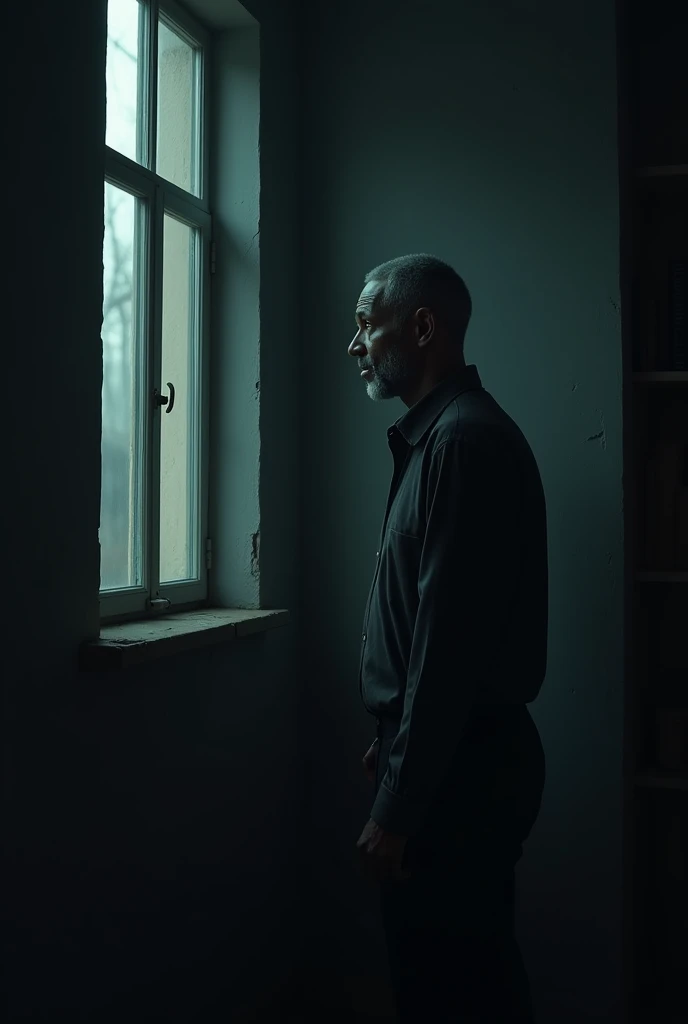 A black man looking at the window when the light is off