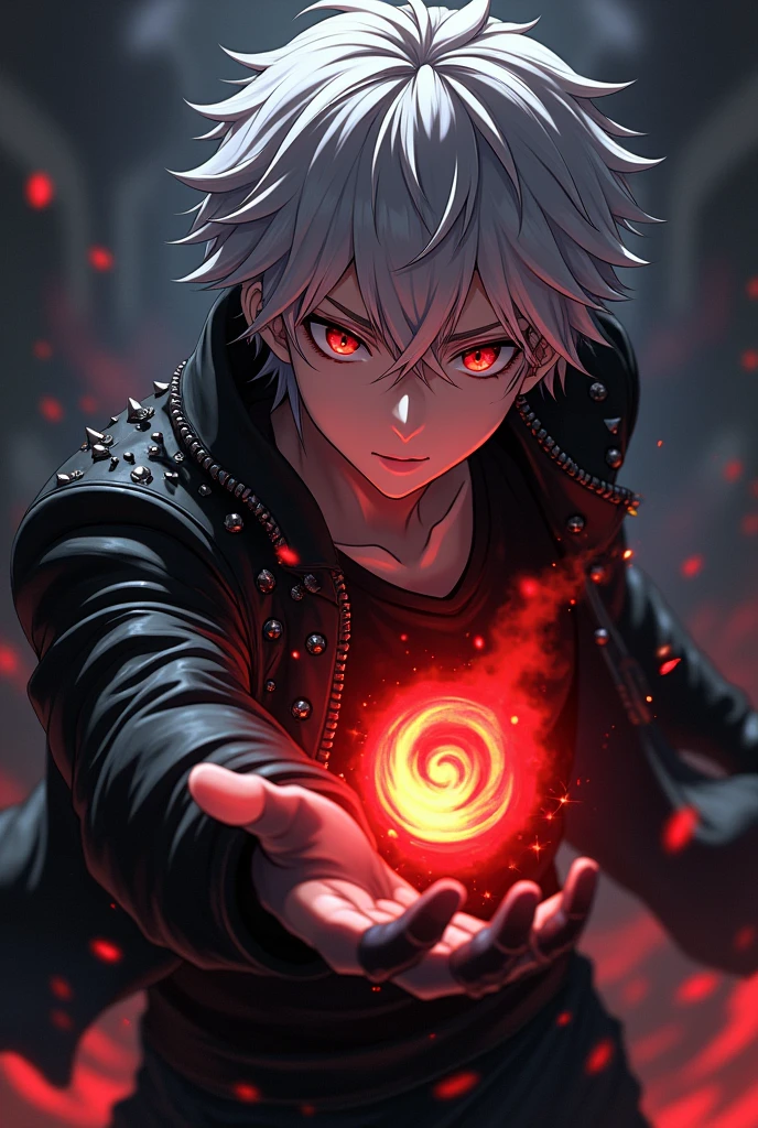 Anime boy who has grey hairs,red eyes,wear black leather spiky jacket,wear half gloves,summon dark fire on his hand