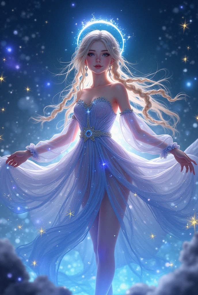 magical girl, very long hair, braids, starry night-themed dress, dress falling off, dress open, revealing dress, glowing constellations on fabric, silver and gold accents, flowing gown, gown open, crescent moon brooch, cosmic patterns, iridescent layers, luminescent halo, glittering stardust around her, transparent veil with twinkling stars, orb-like earrings, celestial symbols embroidered, glistening blue and purple hues, ethereal light radiating from her dress, floating celestial crystals, orb of light in hand, soft, radiant glow around her, BREAK, ethereal glow, vibrant colors, mystical aura, sparkling particles, detailed background, fantasy setting, celestial elements, soft lighting, whimsical environment, dynamic pose, light reflections, light particles, g0thicPXL, glowing, neon, galaxy aesthetic, cosmic nebulae, shooting stars, aurora borealis, galaxy backdrop, twinkling star clusters. space background, retina, accurate, masterpiece, super detail, high details, best quality, award winning, highres, HD, 4K, 8k, 16k, retina, accurate, masterpiece, anatomically correct, textured skin, super detail, high quality, award winning, highres, 8k, 16k