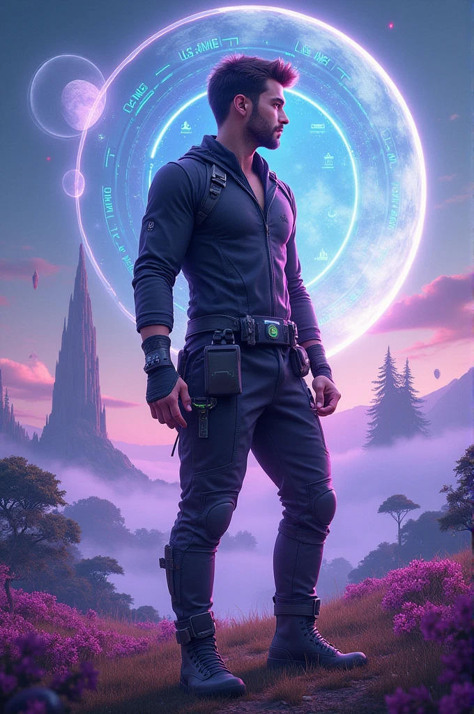 Certainly! Here’s an updated description incorporating the enhanced outfit concept:
**Image Concept:**
Imagine a mystical landscape with a blend of natural and fantastical elements. In the foreground, a handsome man stands with a sense of awe. He’s dressed in a fitted, high-tech tunic made of sleek, metallic fabric with subtle glowing patterns, paired with tactical, lightweight pants featuring adjustable straps and pockets. His advanced, high-performance boots complement the outfit. Accessories include a utility belt with pouches and a sleek wristband displaying the system interface. A small magical artifact hangs from his belt or around his neck. He is surrounded by alien flora in a meadow with two moons visible in the sky. In the background, a shimmering holographic interface displays the “Ascendant Code” system, and floating islands and distant, ancient-looking forests complete the scene. The color palette includes vibrant purples and blues, enhancing the otherworldly feel.