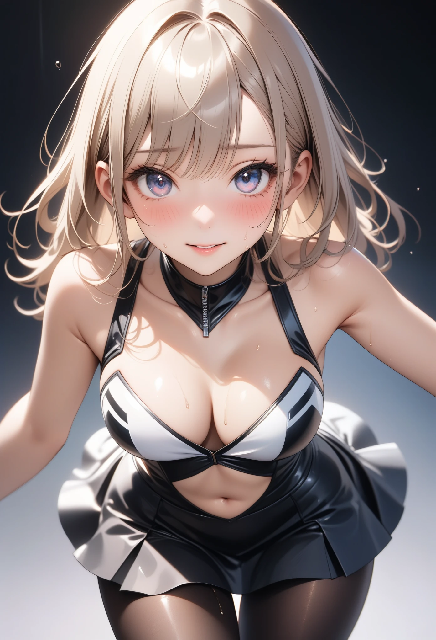 ((Race Queen)), ((skirt)), ((pantyhose)), ((Shiny Costumes)), skindentation, skinny, solo, 1 woman, Masterpiece, highest quality, highest quality, 16K, incredibly absurd, highly detailed, 2.5D, ai-generated, delicate and dynamic, very delicate facial expressions, delicate eye depiction, erotic, only sexy woman, ((A cute and kind face)), healthy figure, ((25-year-old woman)), 160cm tall, medium firm swaying bust, , blush, Sweat,Embarrassed,sexy, ((thin thighs)), (camel toe:0.7), (visible nipples:0.3), (Erect nipples,:0.7), shiny and lustrous, facing straight at viewer, (((in heat))), ((Oily_skin)),, ((dutch angle)), ((erotic pose)), 