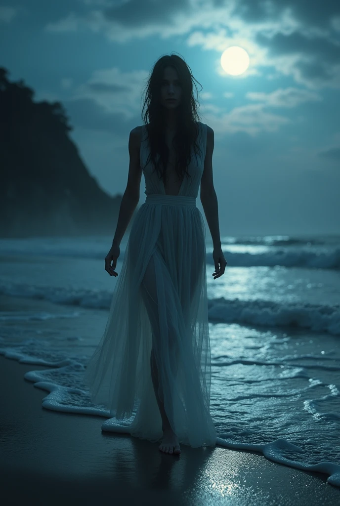 (Masterpiece.und. photorealistic) full body shot. An ultra hot gorgeous European woman. Age23. ethereal, ghostly, dressed in sheer near-nude billowing fabrics, a haunting beauty walking just above the ground on a moonlit night, coastal scene, dramatic lighting, volumetric fog, intricate details, cinematic, 8k
