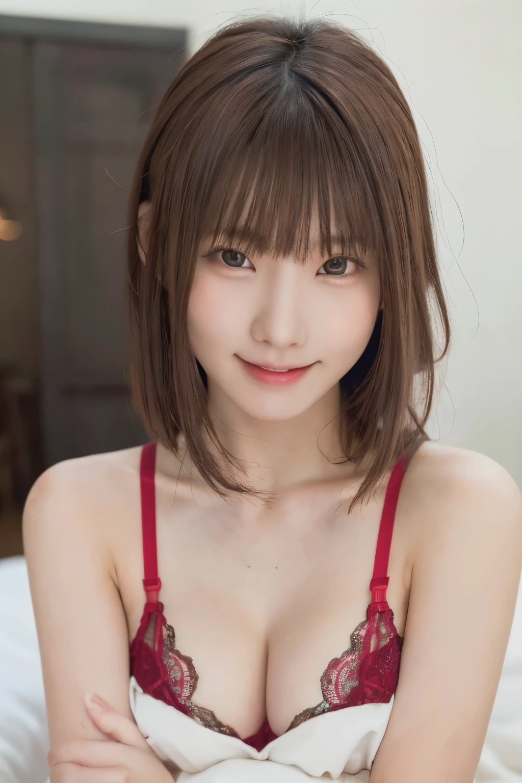 (RAW Photos, Highest quality), (Realistic, Photorealistic:1.3), masterpiece, Very delicate and beautiful, Soft Light, Beautiful detailed girl, 1 girl, Japanese, Pure beauty, smile, summer, sexy,　Hair with movement,　Tribal pattern,　lingerie,　red,　whole body