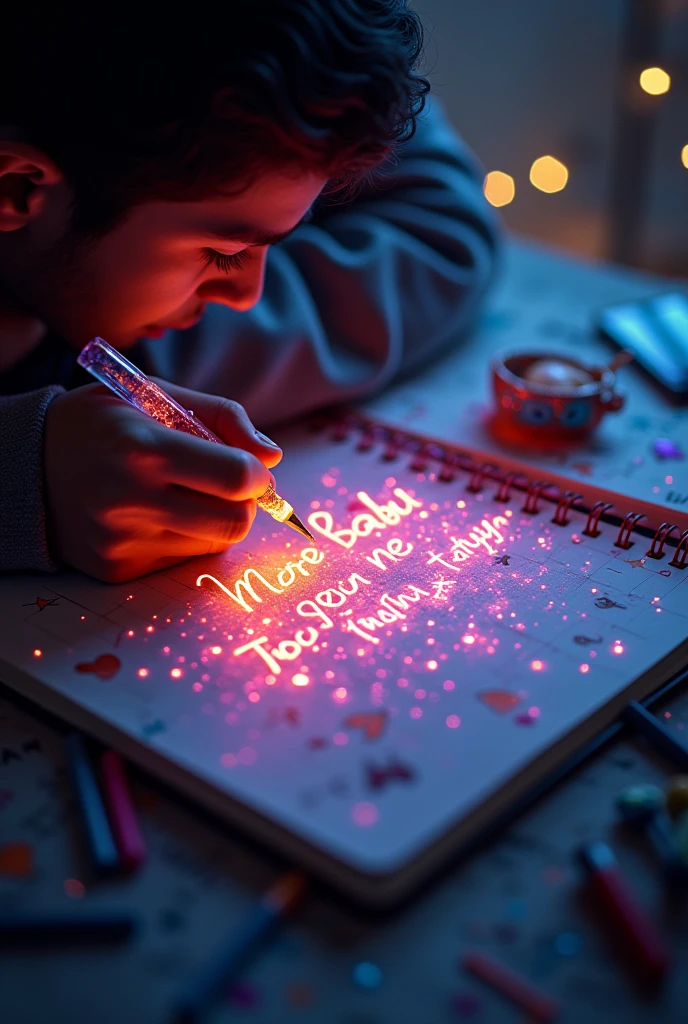 A mesmerizing, hyper-realistic 16K 3D illustration captures a magical moment of pure creativity. A talented artist is masterfully sketching a heartfelt message, "Mere Babu ne Thana thaya", in a notebook. The text is composed of vibrant, color sepia stars that smoothly transition through the entire spectrum. The artist's hand, holding a transparent pen filled with radiant stars, is detailed exquisitely, symbolizing boundless creativity and imagination. The background is a three-dimensional sketchbook setting with scattered throughout, adding depth and dimension to this captivating, graffiti-inspired scene. The illustration radiates energy, movement, and vibrant colors, making it a true work of art that celebrates creativity and imagination., gra, cinematic, vibrant, graffiti, painting, typography, product, illustration, photo, 3d render, fashion, dark fantasy