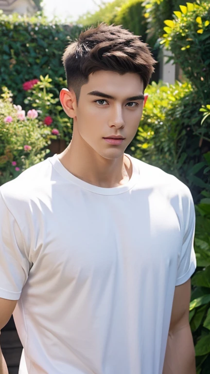 1 male, Short Hair Style, White T-shirt, Muscular, face, Realistic, photograph, real photograph, garden