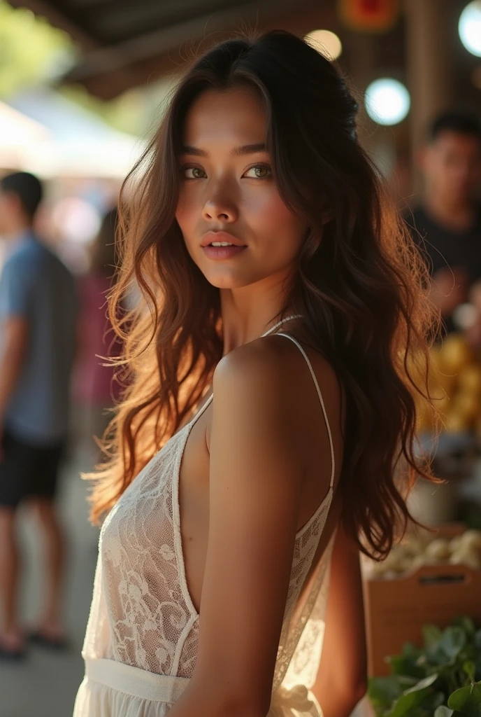 ( masterpiece. UHD.photorealistic), ((full body shot)), an ultra hot gorgeous European woman, age 23, green eyes, brunette  wavy hair. She’s wearing a loose slip sheer lace dress, at the busy market of Chiangmai Thailand , backlight, movie scene, Perfect anatomy, perfect hair, perfect breast, perfect body, perfect hands, perfect face, perfect eyes, accurate, anatomically correct, perfect clear and crisp focus, UHD, masterpiece, golden hour, Kodachrome 