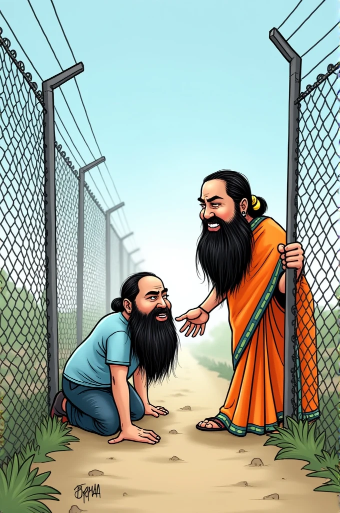 crawl into the boarder fencing ground a man with big beard mamta benergee share their hand the man and pulling into the Indian boarder funny cartoon character image 