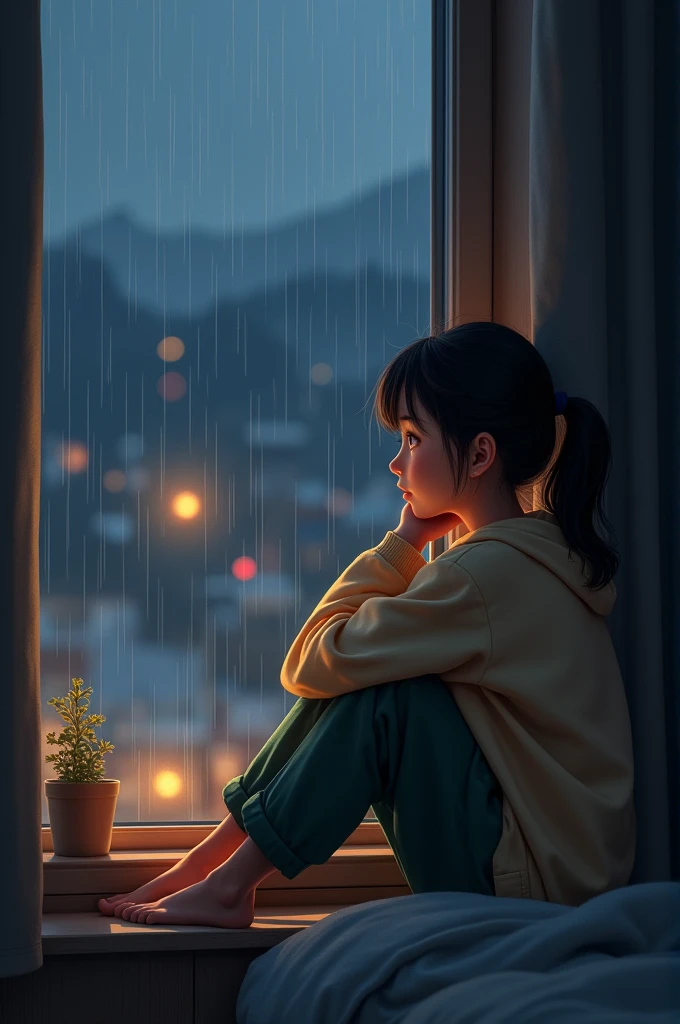 A young girl sitting by a window, watching the rain outside. She is dressed in cozy, casual clothes, with a soft expression on her face. The room is dimly lit, with warm tones contrasting the cool, rainy scene outside. Raindrops streak down the window as she rests her head on her hand, lost in thought. Full-body view, peaceful atmosphere.