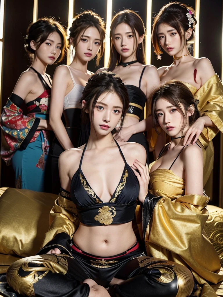 Blue eyes、bionde、oiran、short hair、More than one person、((Three women:1.5))、Three people lined up、On the chest、tattoo、Clothes got wet、Hair tied up、Full body photo、Sexy Face、short hair、 A look of complete lust、(((masterpiece)))、((Highest quality))、((超Realistic))、Mature woman、Mature woman、Very detailed、The perfect temptation、Best image quality、Fine-grained image quality、beautiful、European, woman, French, woman Italian, Italian, smile、Blue eyes、jewelry, Blue eyes, Realistic, High resolution, Soft Light,Hip Up, Glowing Skin, (Detailed face),tattoo, jewelry, , night, bionde, Wavy Hair,Attractive appearance, smile, Perfect Style, Perfect balance, (Realistic:1.3,Visual Arts,Written boundary depth、Highest quality,8K quality,masterpiece:1.3,High resolution,Tabletop:1.2),With a girl(23 years old, Gold Kimono, Golden underwear, Golden Good, Golden panties, Golden Choker),(Long Hair:1.2,bionde:1.3), Blue eyes, Clothes come off,I can see your thighs,I can see your pants,Perfect face with attention to detail:1.5,normal hand:1.5,normal finger:1:5,Normal legs:1.5,new year,shrine,Backstreets,background(Shining meteors,golden dragon flying),Exquisite design,Best lighting,Spread your legs wide,