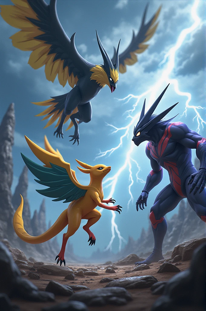 Crea una imagen con los Pokémon
Zapdos, Mewtwo y buzzwole