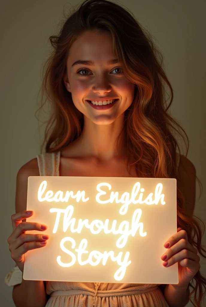 Beautiful girl with heart-warming smile and wavy long hair, bohemian dress, holding a white board with text "learn English Through Story" and showing it to the viewer, the board is glowing with the text.