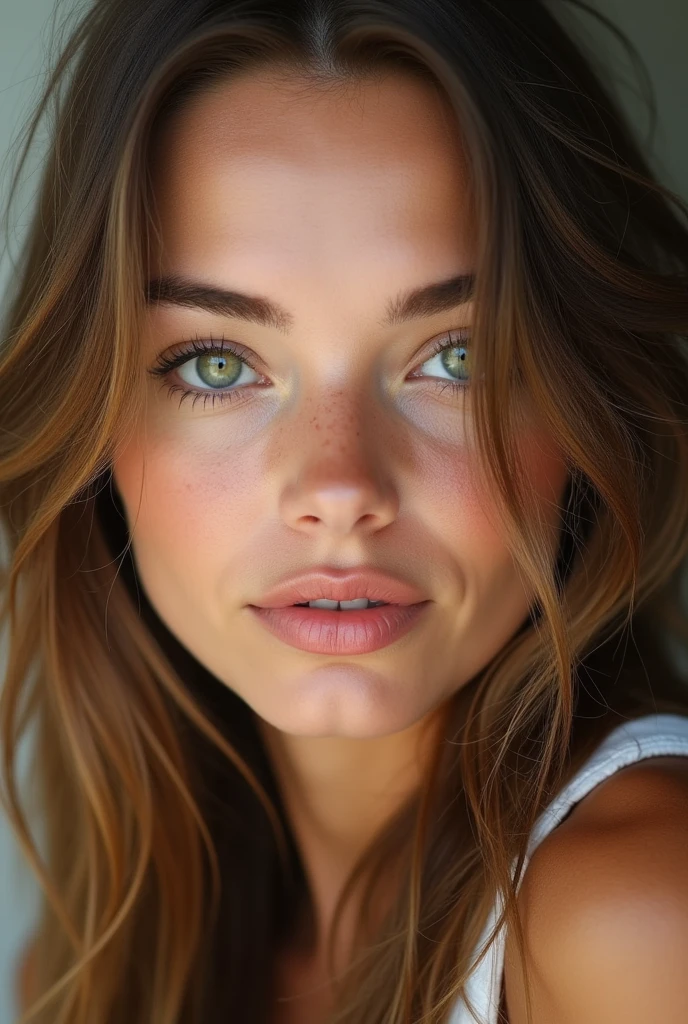 woman with slightly stretched intense green eyes, long light brown hair, naturally plump lips, slightly tanned complexion. 20 ans. pas de fossettes. sourcils fournis. des cils longs. I don't want her to be the smile marks. hollows on the cheeks. clear face