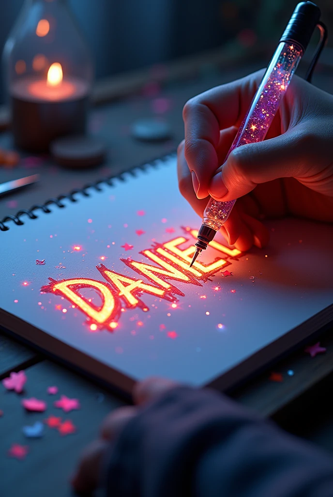 A mesmerizing, hyper-realistic 16K 3D illustration captures a magical moment of pure creativity. A talented artist is masterfully sketching a heartfelt message, "DANIEL", in a notebook. The text is composed of vibrant, color sepia stars that smoothly transition through the entire spectrum. The artist's hand, holding a transparent pen filled with radiant stars, is detailed exquisitely, symbolizing boundless creativity and imagination. The background is a three-dimensional sketchbook setting with scattered throughout, adding depth and dimension to this captivating, graffiti-inspired scene. The illustration radiates energy, movement, and vibrant colors, making it a true work of art that celebrates creativity and imagination., gra, cinematic, vibrant, graffiti, painting, typography, product, illustration, photo, 3d render, fashion, dark fantasy
