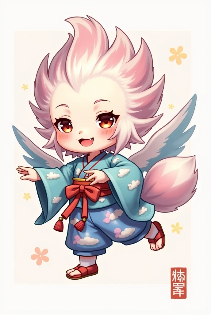 **Prompt:** Create an ultra-realistic depiction of a Tengu, retaining its traditional mythical features while transforming it into an ultimate "moe" character. **Overall Appearance:** The Tengu is reimagined as a cute and endearing figure, blending its fierce, mythical attributes with an irresistibly adorable charm. **Head:** The Tengu's face is soft and round, with large, sparkling eyes that radiate innocence and curiosity. Its iconic long nose is now smaller and slightly blushed, adding a touch of cuteness. The beak-like feature is subtle, more akin to a small, delicate mouth that often forms into a sweet smile. The hair is fluffy and voluminous, resembling feathers, with streaks of soft colors like pink, light blue, or lavender. It falls gracefully around the Tengu's face, enhancing its youthful appearance. **Body:** The Tengu's body is  and slender, with smooth, pale skin. Its traditional wings are retained but are now adorned with soft, pastel-colored feathers that shimmer in the light, giving a gentle and ethereal vibe. The wings are slightly oversized for the small frame, adding to the cute, chibi-like aesthetic. **Attire:** The Tengu wears a mini kimono, designed with vibrant and cheerful patterns, such as cherry blossoms, clouds, and small birds. The kimono is tied with a large, decorative bow at the back, and the sleeves are slightly puffed, adding to the kawaii appeal. The obi is wide and intricately tied, with tassels that sway with each movement. The outfit is complete with tabi socks and zori sandals, each decorated with tiny bells that jingle as the Tengu moves. **Wings and Tail:** The wings are still a significant feature, but they are now softer in appearance, with delicate, fluffy feathers that are more decorative than functional. The Tengu also has a small, fluffy tail that matches the color of its wings, adding an extra layer of cuteness. **Pose and Expression:** The Tengu is depicted in a playful pose, perhaps mid-air with its wings slight