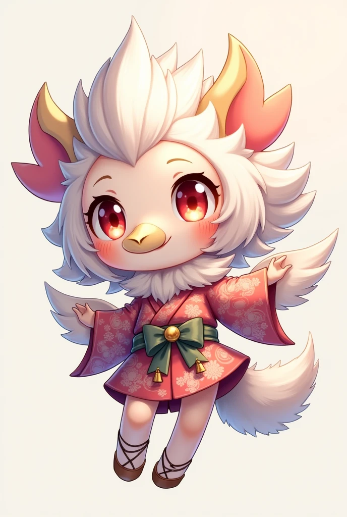 **Prompt:** Create an ultra-realistic depiction of a Tengu, retaining its traditional mythical features while transforming it into an ultimate "moe" character. **Overall Appearance:** The Tengu is reimagined as a cute and endearing figure, blending its fierce, mythical attributes with an irresistibly adorable charm. **Head:** The Tengu's face is soft and round, with large, sparkling eyes that radiate innocence and curiosity. Its iconic long nose is now smaller and slightly blushed, adding a touch of cuteness. The beak-like feature is subtle, more akin to a small, delicate mouth that often forms into a sweet smile. The hair is fluffy and voluminous, resembling feathers, with streaks of soft colors like pink, light blue, or lavender. It falls gracefully around the Tengu's face, enhancing its youthful appearance. **Body:** The Tengu's body is and slender, with smooth, pale skin. Its traditional wings are retained but are now adorned with soft, pastel-colored feathers that shimmer in the light, giving a gentle and ethereal vibe. The wings are slightly oversized for the small frame, adding to the cute, chibi-like aesthetic. **Attire:** The Tengu wears a mini kimono, designed with vibrant and cheerful patterns, such as cherry blossoms, clouds, and small birds. The kimono is tied with a large, decorative bow at the back, and the sleeves are slightly puffed, adding to the kawaii appeal. The obi is wide and intricately tied, with tassels that sway with each movement. The outfit is complete with tabi socks and zori sandals, each decorated with tiny bells that jingle as the Tengu moves. **Wings and Tail:** The wings are still a significant feature, but they are now softer in appearance, with delicate, fluffy feathers that are more decorative than functional. The Tengu also has a small, fluffy tail that matches the color of its wings, adding an extra layer of cuteness. **Pose and Expression:** The Tengu is depicted in a playful pose, perhaps mid-air with its wings slight