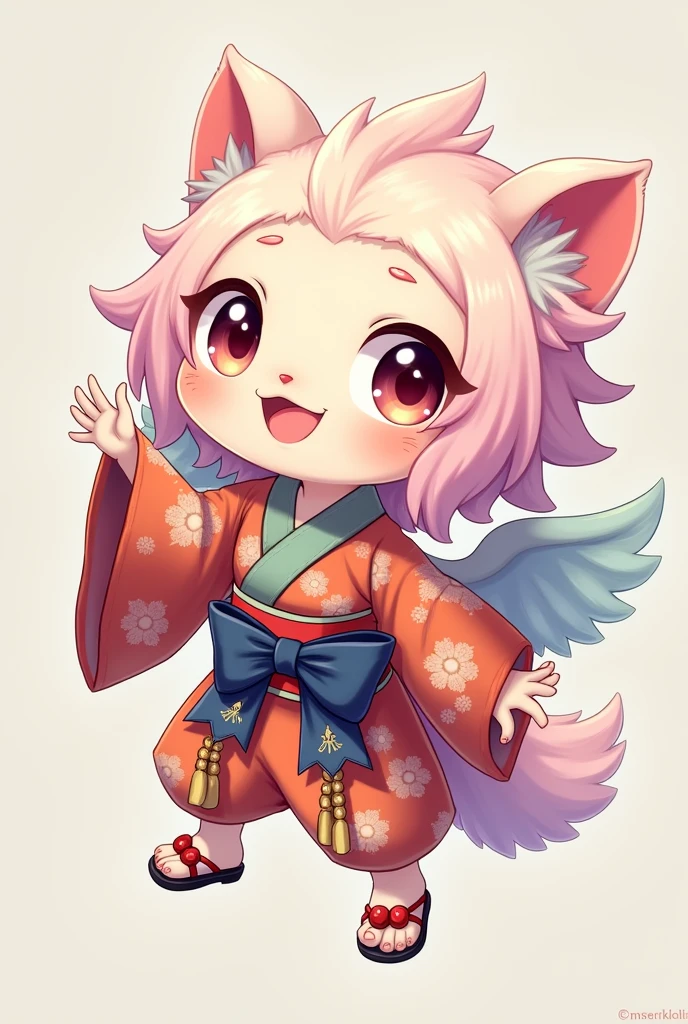 **Prompt:** Create an ultra-realistic depiction of a Tengu, retaining its traditional mythical features while transforming it into an ultimate "moe" character. **Overall Appearance:** The Tengu is reimagined as a cute and endearing figure, blending its fierce, mythical attributes with an irresistibly adorable charm. **Head:** The Tengu's face is soft and round, with large, sparkling eyes that radiate innocence and curiosity. Its iconic long nose is now smaller and slightly blushed, adding a touch of cuteness. The beak-like feature is subtle, more akin to a small, delicate mouth that often forms into a sweet smile. The hair is fluffy and voluminous, resembling feathers, with streaks of soft colors like pink, light blue, or lavender. It falls gracefully around the Tengu's face, enhancing its youthful appearance. **Body:** The Tengu's body is  and slender, with smooth, pale skin. Its traditional wings are retained but are now adorned with soft, pastel-colored feathers that shimmer in the light, giving a gentle and ethereal vibe. The wings are slightly oversized for the small frame, adding to the cute, chibi-like aesthetic. **Attire:** The Tengu wears a mini kimono, designed with vibrant and cheerful patterns, such as cherry blossoms, clouds, and small birds. The kimono is tied with a large, decorative bow at the back, and the sleeves are slightly puffed, adding to the kawaii appeal. The obi is wide and intricately tied, with tassels that sway with each movement. The outfit is complete with tabi socks and zori sandals, each decorated with tiny bells that jingle as the Tengu moves. **Wings and Tail:** The wings are still a significant feature, but they are now softer in appearance, with delicate, fluffy feathers that are more decorative than functional. The Tengu also has a small, fluffy tail that matches the color of its wings, adding an extra layer of cuteness. **Pose and Expression:** The Tengu is depicted in a playful pose, perhaps mid-air with its wings slight