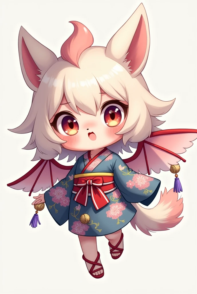 **Prompt:** Create an ultra-realistic depiction of a Tengu, retaining its traditional mythical features while transforming it into an ultimate "moe" character. **Overall Appearance:** The Tengu is reimagined as a cute and endearing figure, blending its fierce, mythical attributes with an irresistibly adorable charm. **Head:** The Tengu's face is soft and round, with large, sparkling eyes that radiate innocence and curiosity. Its iconic long nose is now smaller and slightly blushed, adding a touch of cuteness. The beak-like feature is subtle, more akin to a small, delicate mouth that often forms into a sweet smile. The hair is fluffy and voluminous, resembling feathers, with streaks of soft colors like pink, light blue, or lavender. It falls gracefully around the Tengu's face, enhancing its youthful appearance. **Body:** The Tengu's body is and slender, with smooth, pale skin. Its traditional wings are retained but are now adorned with soft, pastel-colored feathers that shimmer in the light, giving a gentle and ethereal vibe. The wings are slightly oversized for the small frame, adding to the cute, chibi-like aesthetic. **Attire:** The Tengu wears a mini kimono, designed with vibrant and cheerful patterns, such as cherry blossoms, clouds, and small birds. The kimono is tied with a large, decorative bow at the back, and the sleeves are slightly puffed, adding to the kawaii appeal. The obi is wide and intricately tied, with tassels that sway with each movement. The outfit is complete with tabi socks and zori sandals, each decorated with tiny bells that jingle as the Tengu moves. **Wings and Tail:** The wings are still a significant feature, but they are now softer in appearance, with delicate, fluffy feathers that are more decorative than functional. The Tengu also has a small, fluffy tail that matches the color of its wings, adding an extra layer of cuteness. **Pose and Expression:** The Tengu is depicted in a playful pose, perhaps mid-air with its wings slight