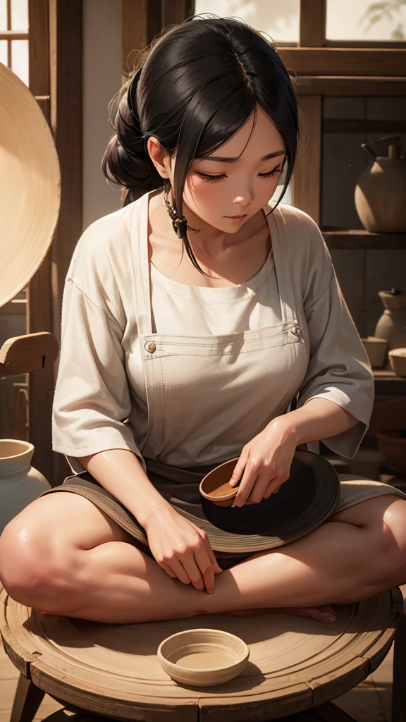image from professional photography In an art studio, a beautiful Indonesian woman, her black hair tied back, is intently shaping clay on a potter's wheel. The sunlight illuminates her calm, contented face, reflecting her dedication to the art of pottery.