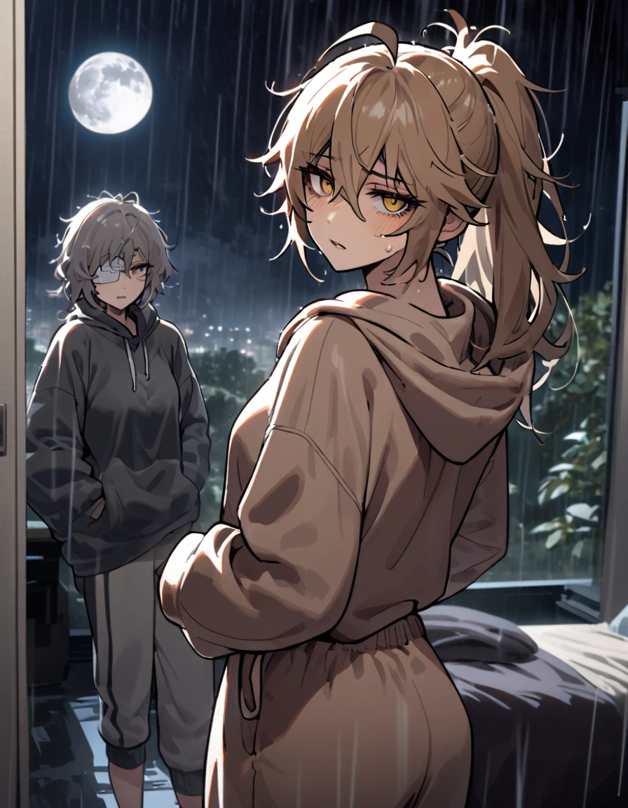 mature, golden eyes, looking at viewer, female, bedroom background, messy hair, dark shoulder-length hair, ponytail, parted lips, hair between eyes, ahoge, emotionless, tired eyes, standing, from behind, sweatpants, hoodie, medical eye patch, rainy day, moon, night, dark, hand on waist, comfy clothes