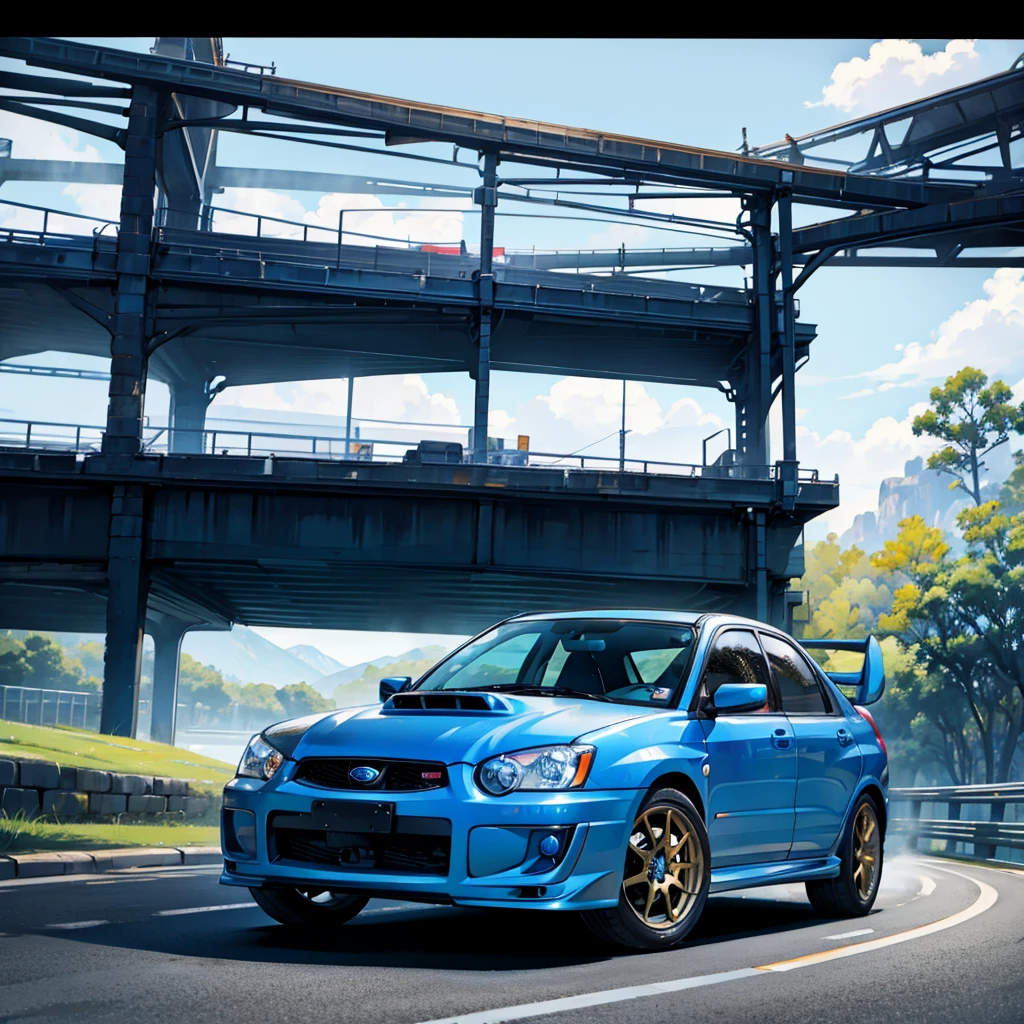 Single seater car, 2015 Subaru AND WRX, hyper blue, premium model, sunroof, omitted, black wheels sti, front intercooler, uphill race, bitumen single lane road, rural background, view from front angles, HDR, photo realistic
