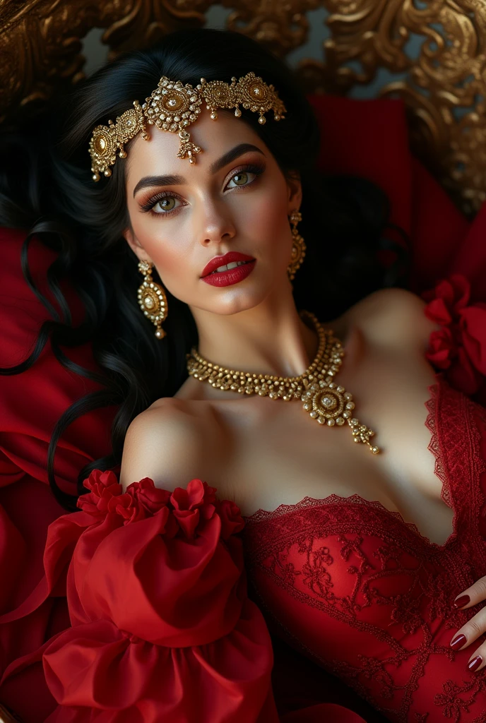 Schedule ))Hollywood style concept art, hair ornaments, necklace, navel, Sultan's Concubine Dress, air, fine details, Foam construction made of chiffon and lace,Red, black, gold, Mature woman looking at the viewer,(( while lying down)), Flirtatious pose ,((seductive)),Night Colors,Sun Splashes,Details in Arabic fairy tale style,((bedroom)),Aesthetically pleasing,Beautiful,Realistic,Professional photos,High Resolution,high detail,Hyper-realistic portrait,UHD32K, majestic figure, medieval style