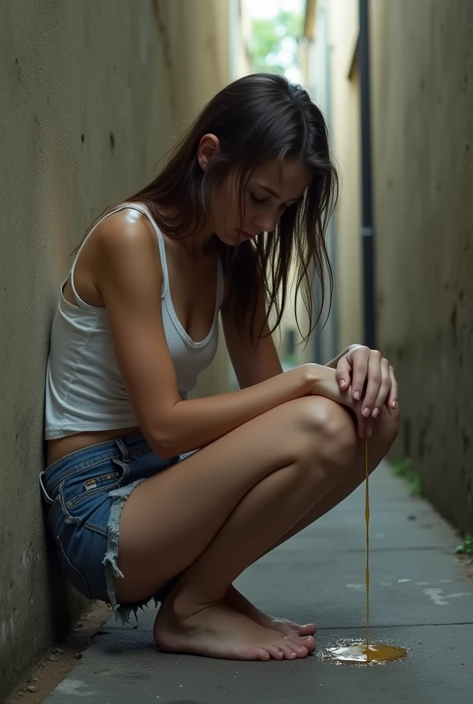 (A teen girl) (peeing, urgently) (Realistic) (peeing in a corner of an alleyway) (pants is pulled down) (squatting down) (pee stains) ( peeing dripping)