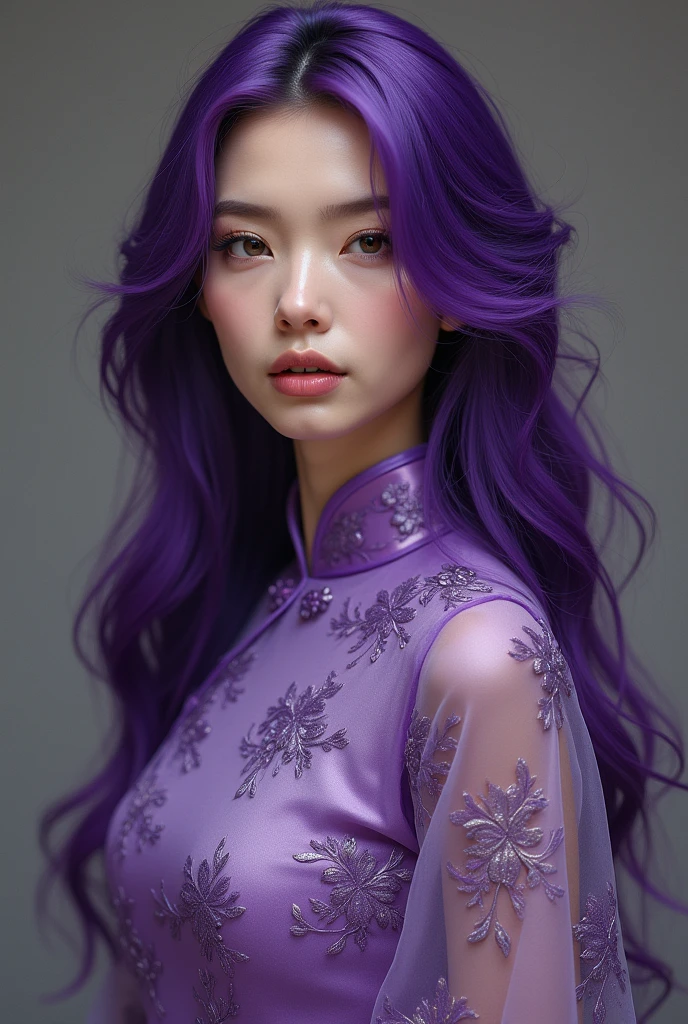Purple hair adult woman in purple cheongsam full body front