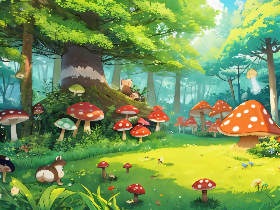 Flat land in the forest、Large mushrooms growing all around、Several raccoons are dancing happily、Anime-style illustrations