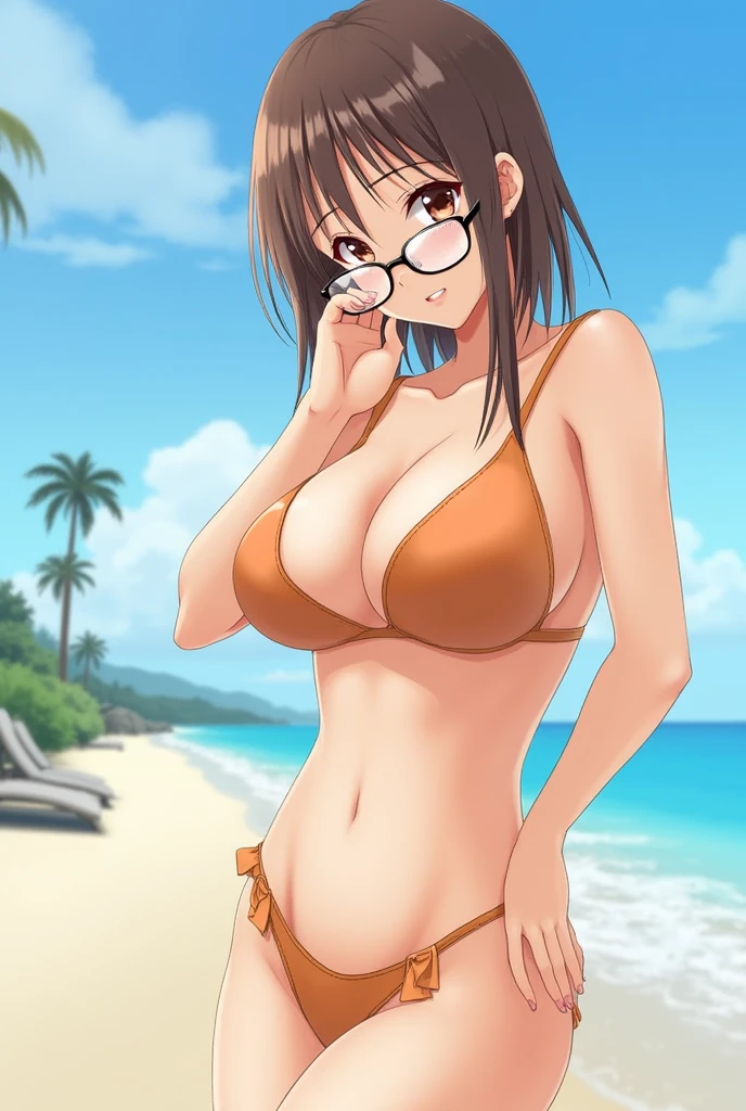 high quality, One beautiful woman, Tiny Bikini、Brown Hair、Glasses、Ritsuko Akizuki、Large Breasts、Big ass、Hot summer beaches、Sexy pose、Shy smile、