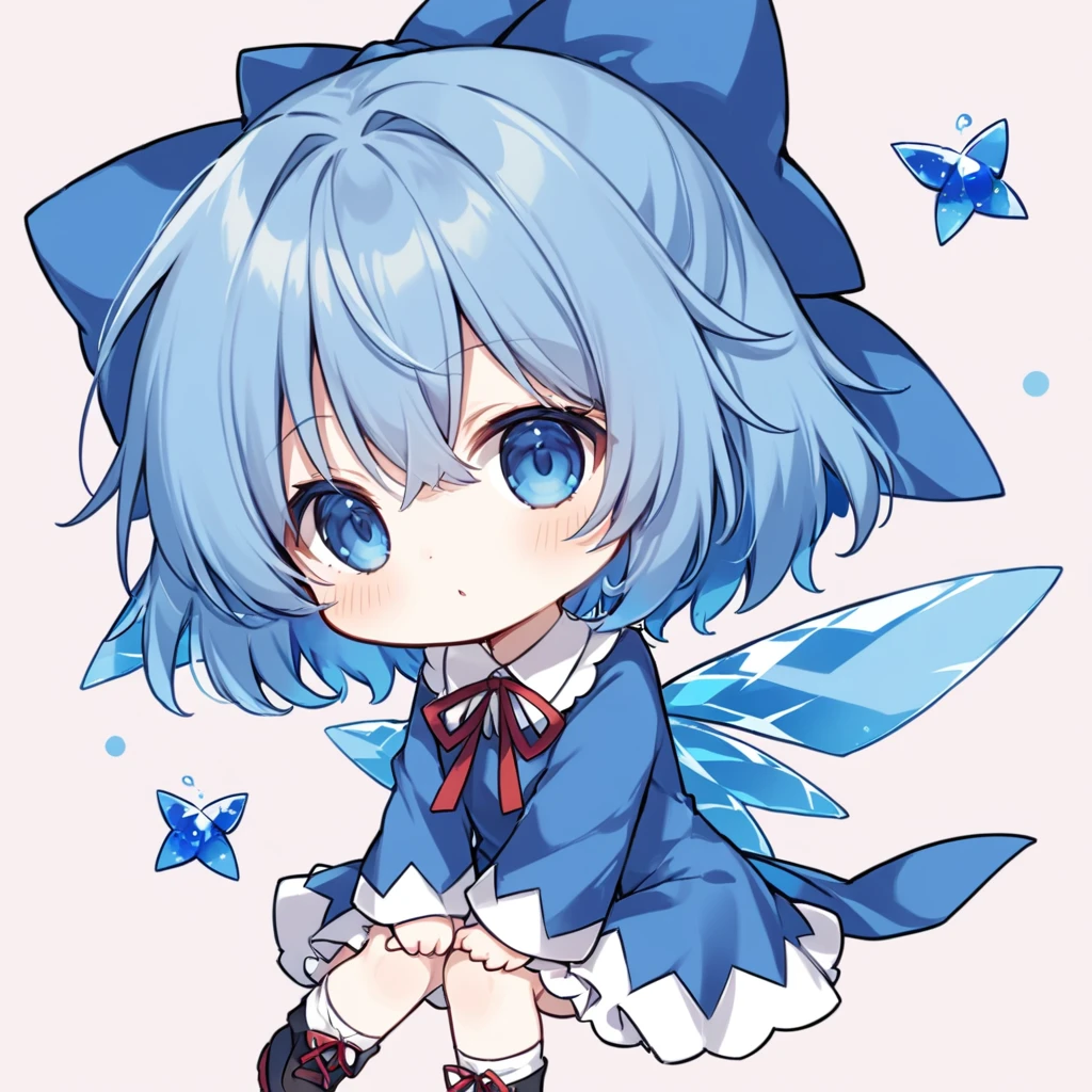 best qualiy,cirno,chibi,sit,look at viewer