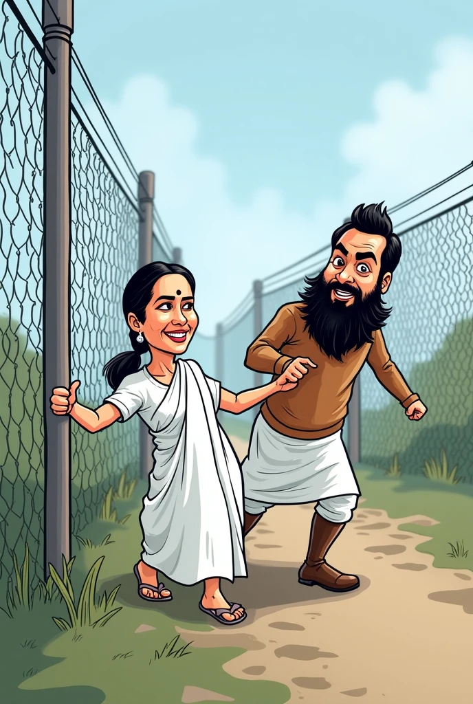crawl into the boarder fencing ground a man with big beard mamta benergee a woman wearing white saree she is chief minister of bangal share their hand the man and pulling into the Indian boarder funny cartoon character image