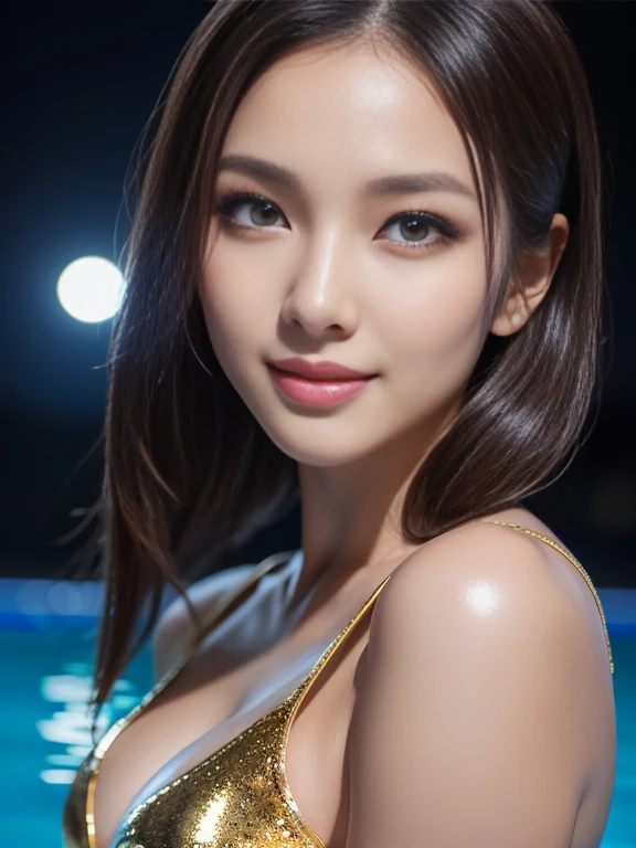 Latex bodysuit、Knee-high boots、Huge 、Long brown hair、Shiny, Oily skin、Glowing Skin、Indoor competition pool、White skin、 Body Portrait, 8k, Narrow and beautiful eyes, Dindal effect, masterpiece, 最high quality, high quality, High resolution, Very detailed photos, (Natural skin texture, Fine skin, Hyperrealism, Ultra Sharpness) , Skin with attention to detail, (Very fine, Fine skin texture, Intricate details, Beautiful Face, (A vivid face), Realistic eyes, Beautiful and detailed, Realistic Skin, Beautiful Skin, surreal, Very detailed, Golden Ratio, Smiling Eyes, ((Night moonlight background)), Body Portrait,  glamorous, Shiny Bodysuit