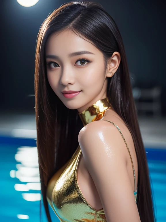 Latex bodysuit、Knee-high boots、Huge 、Long brown hair、Shiny, Oily skin、Glowing Skin、Indoor competition pool、White skin、 Body Portrait, 8k, Narrow and beautiful eyes, Dindal effect, masterpiece, 最high quality, high quality, High resolution, Very detailed photos, (Natural skin texture, Fine skin, Hyperrealism, Ultra Sharpness) , Skin with attention to detail, (Very fine, Fine skin texture, Intricate details, Beautiful Face, (A vivid face), Realistic eyes, Beautiful and detailed, Realistic Skin, Beautiful Skin, surreal, Very detailed, Golden Ratio, Smiling Eyes, ((Night moonlight background)), Body Portrait, glamorous, Shiny Bodysuit