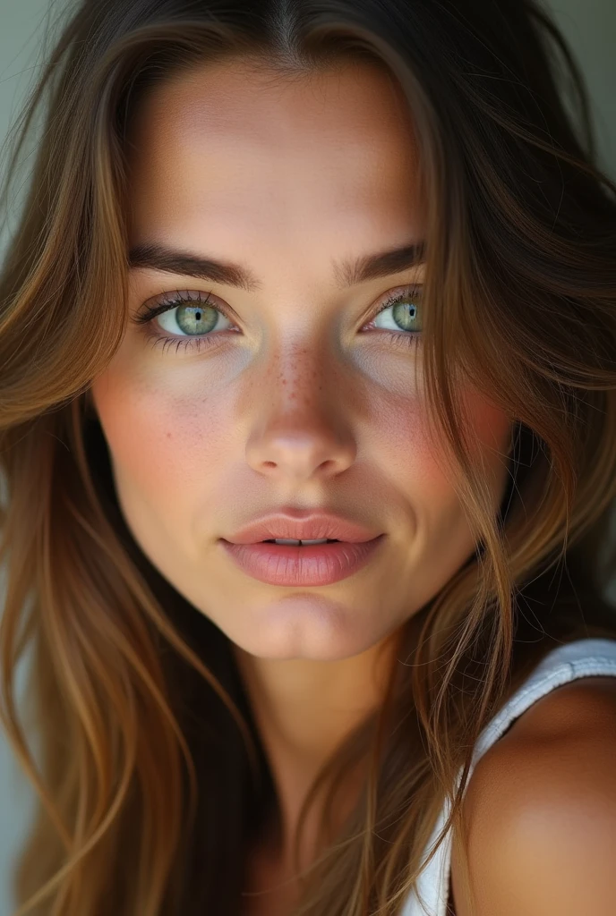 woman with slightly stretched intense green eyes, long light brown hair, naturally plump lips, slightly tanned complexion. 20 ans. pas de fossettes. sourcils fournis. des cils longs. I don't want her to be the smile marks. hollows on the cheeks. not those in front of the face